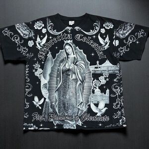 Yazbek Madre Celestial AOP Spanish Pious & Merciful Black Tee Men's Size XL
